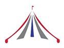 Stylized circus tent logo with red side ropes and gray and blue striped panels