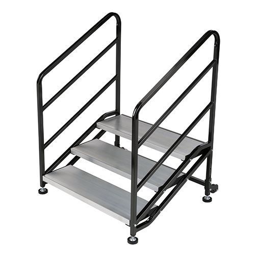Portable black metal stair unit with three silver steps and handrails on both sides