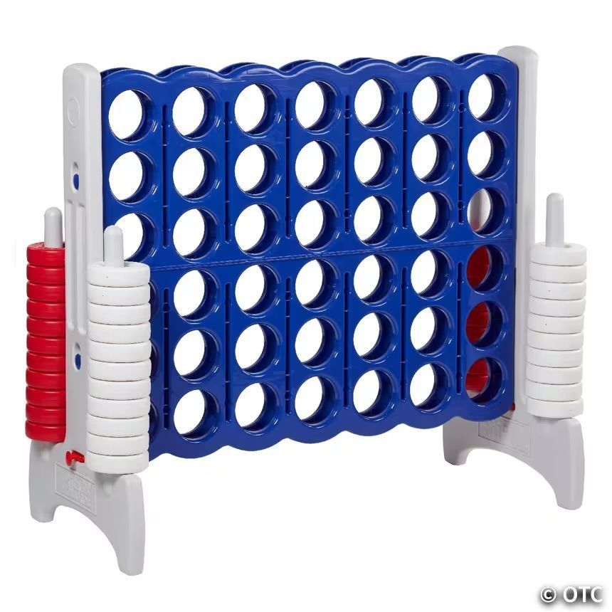 Blue and white Connect Four game with red and white scoring pegs on the sides