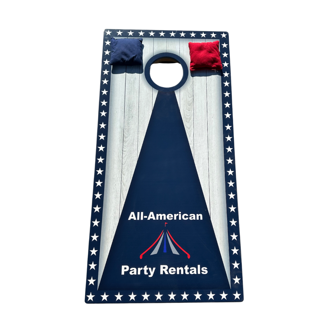 All-American Party Rentals cornhole board with navy, white, and red star border