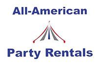 All-American Party Rentals logo with blue text and a red, white, and blue tent graphic