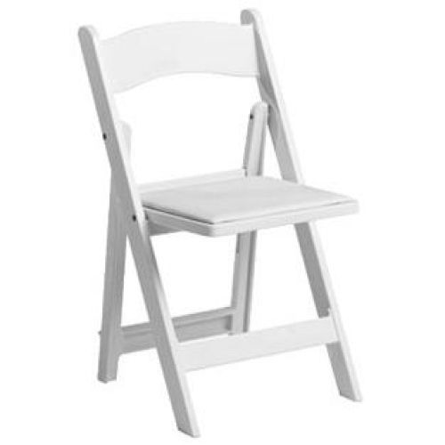 White folding chair with padded seat and back on a plain background