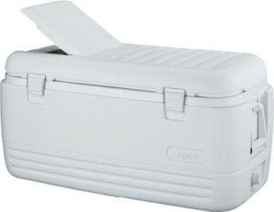 White hard-sided cooler with an open lid and side handles
