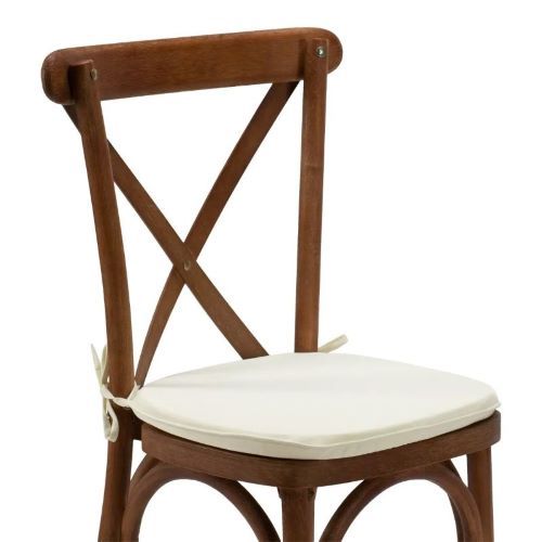 Wooden chair with a white seat cushion and X-shaped backrest, shown on a plain background
