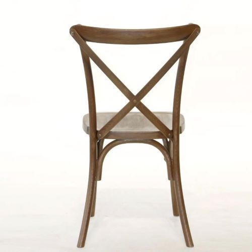 Wooden chair with curved backrest and crossed supports, viewed from behind on a white background