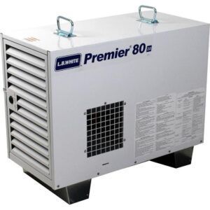 White industrial L-MH/WH Premier 80 dehumidifier unit on black feet with vents and handles