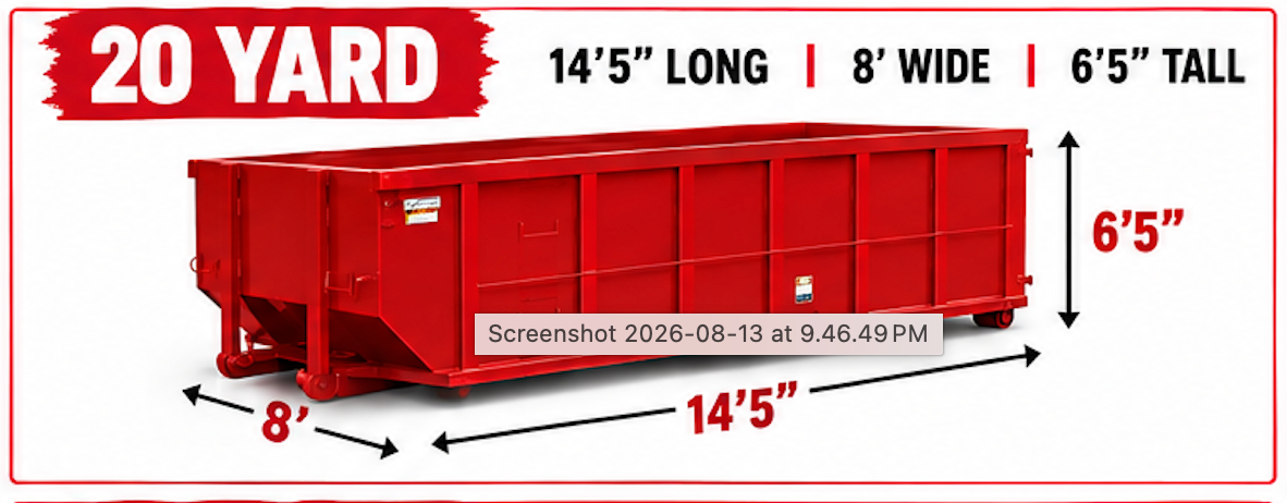 20-yard red dumpster dimensions labeled 14'5