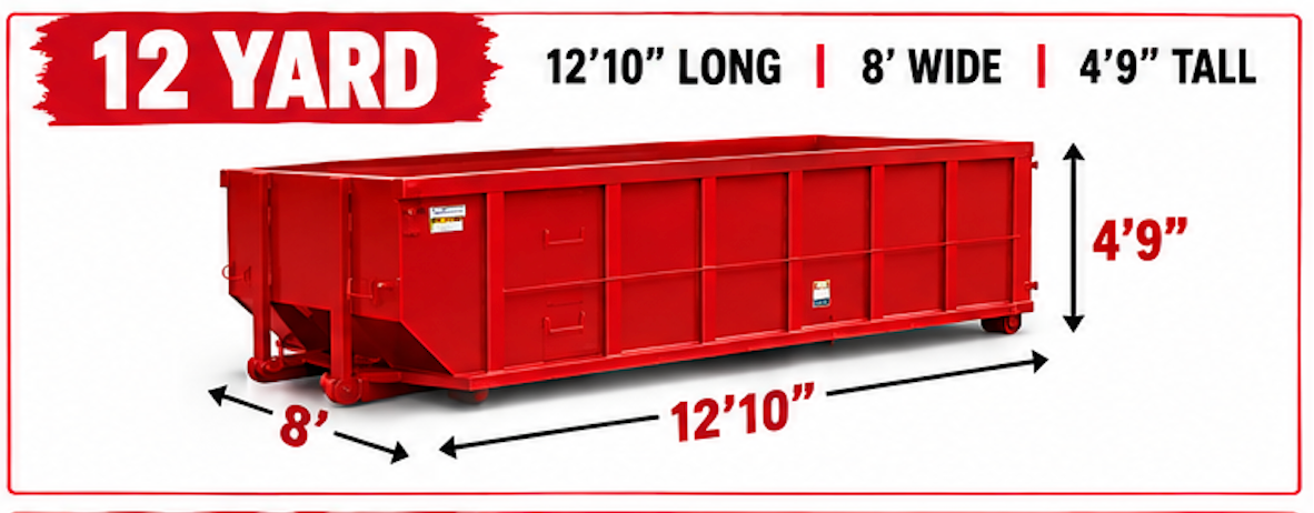 Red 12-yard dumpster with labeled dimensions: 12'10