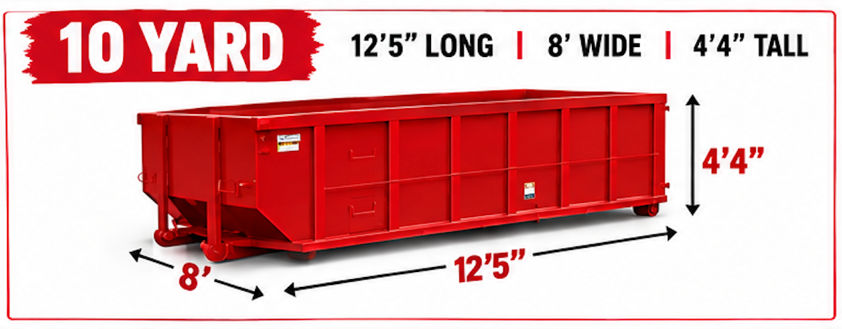Red 10-yard dumpster diagram with dimensions: 12'5