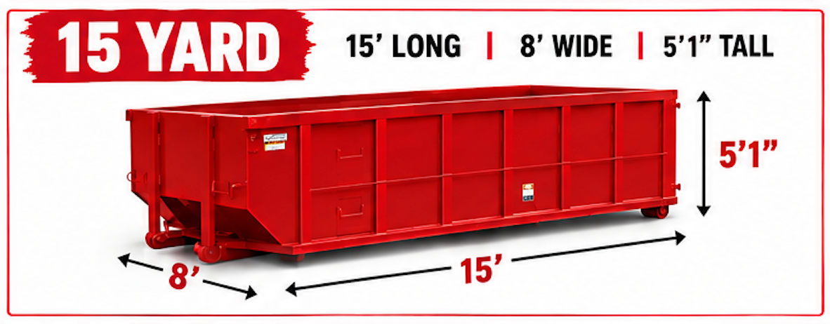Red 15-yard dumpster with labeled dimensions: 15' long, 8' wide, 5'1