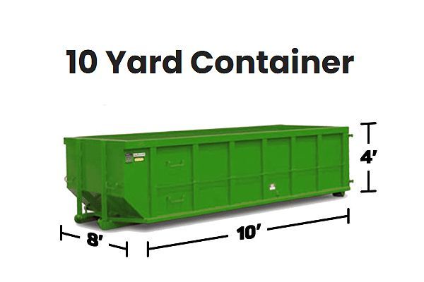 Green 10-yard dumpster, 10 ft long, 8 ft wide, and 4 ft tall, for waste disposal.