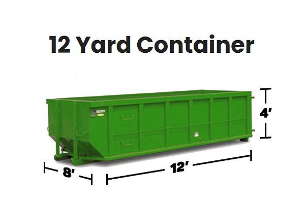 Green 12-yard container, 12 ft. long, 8 ft. wide, 4 ft. high, with dimensions labeled.