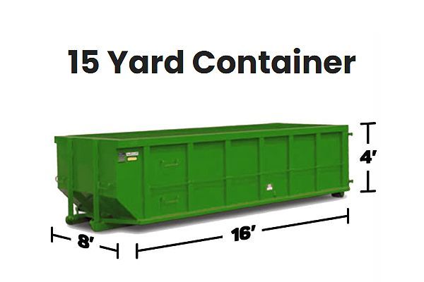 Green 15-yard container. Dimensions are 16' long x 8' wide x 4' tall.