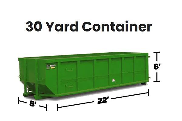 Green 30-yard rectangular container; dimensions: 22’ long x 8’ wide x 6’ high. For waste disposal.