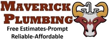 A logo for maverick plumbing with a bull on it