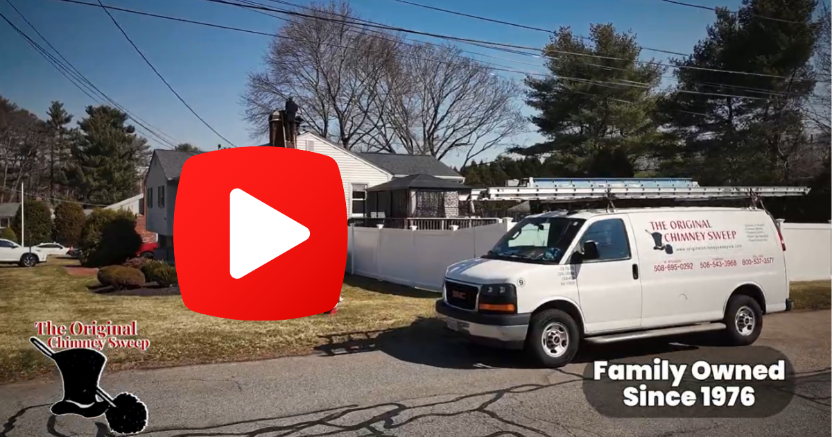 A white work van parked on a suburban street with Family Owned Since 1976 text and a chimney sweep logo overlay.
