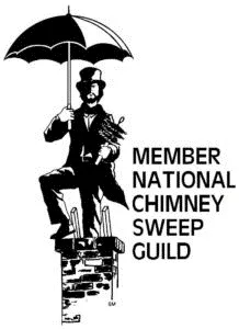 A chimney sweep in top hat holds an umbrella and brushes, standing atop a chimney. National Chimney Sweep Guild member.