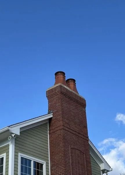 Brick chimney on house against a clear blue sky.