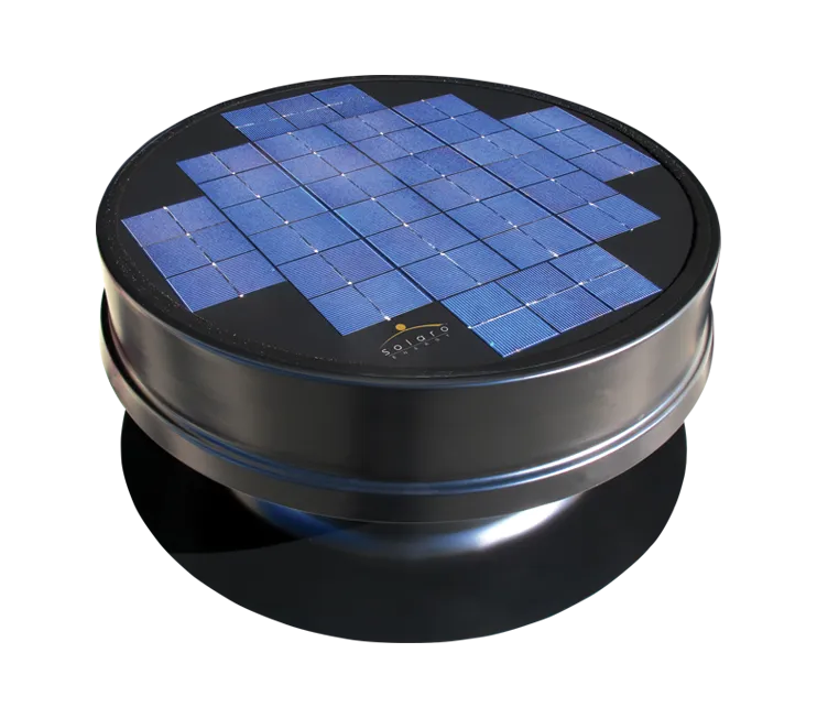 Solar-powered roof vent. Black circular vent with square solar panels on top.