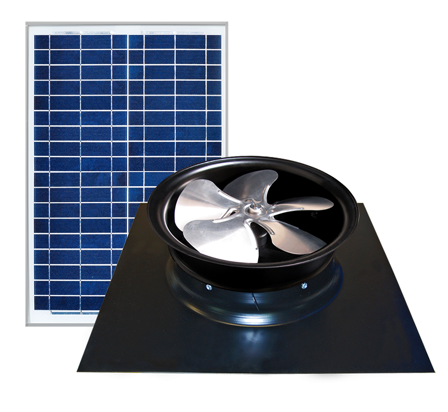 Solar panel and roof-mounted vent fan on black roofing material.