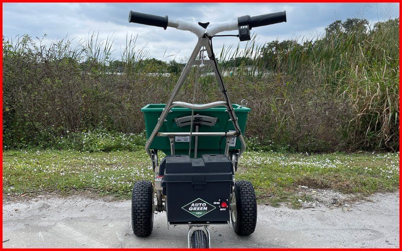 Electric fertilizer spreader rear view