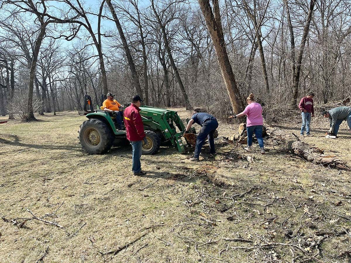 People using a tractor and tools to clear fallen trees in a wooded area