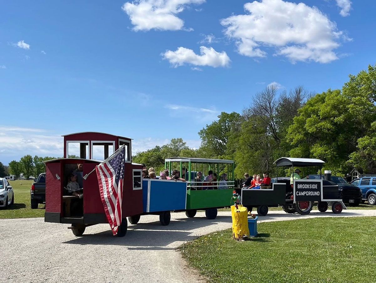 Train carrying people on a gravel path near green grass and trees