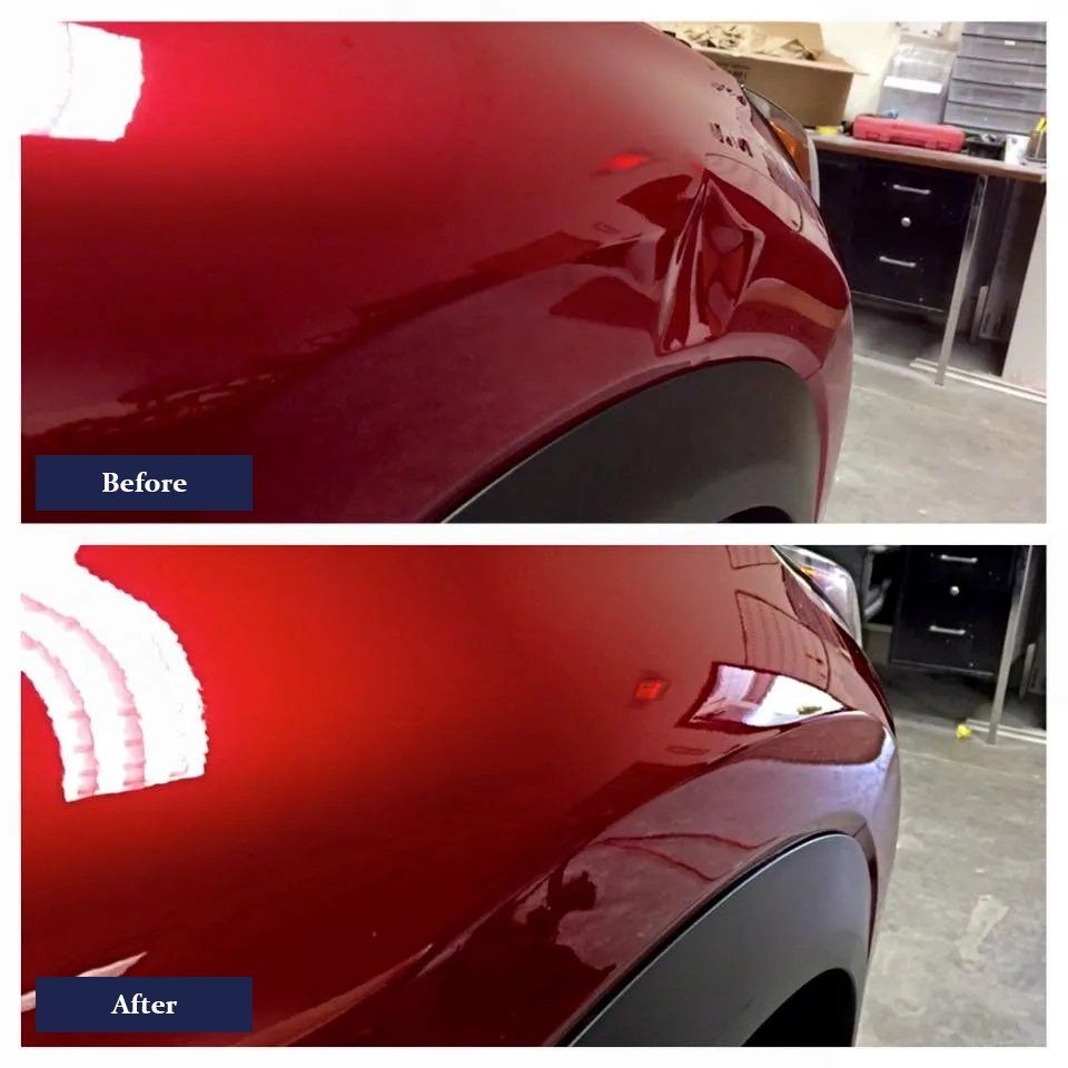 Before and after image of car dent repair