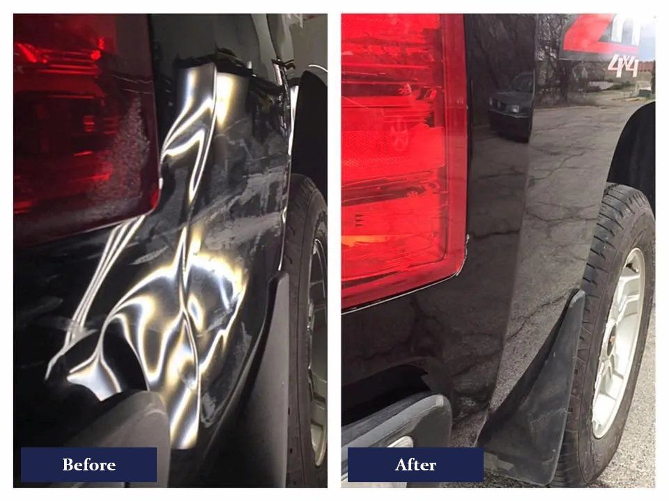 Before and after image of car dent repair