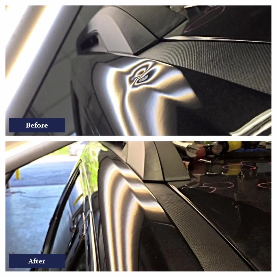 Before and after image of car dent repair