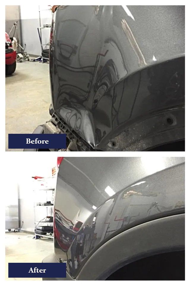 Before and after image of car dent repair