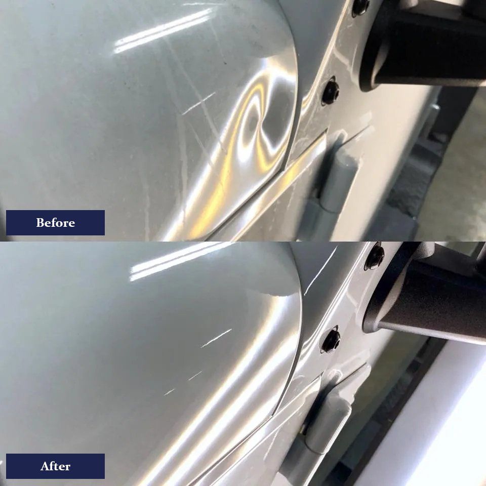 Before and after image of car dent repair