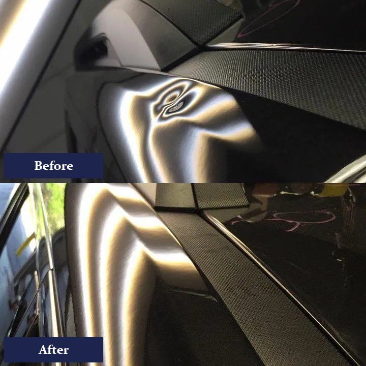 Before and after image of car dent repair