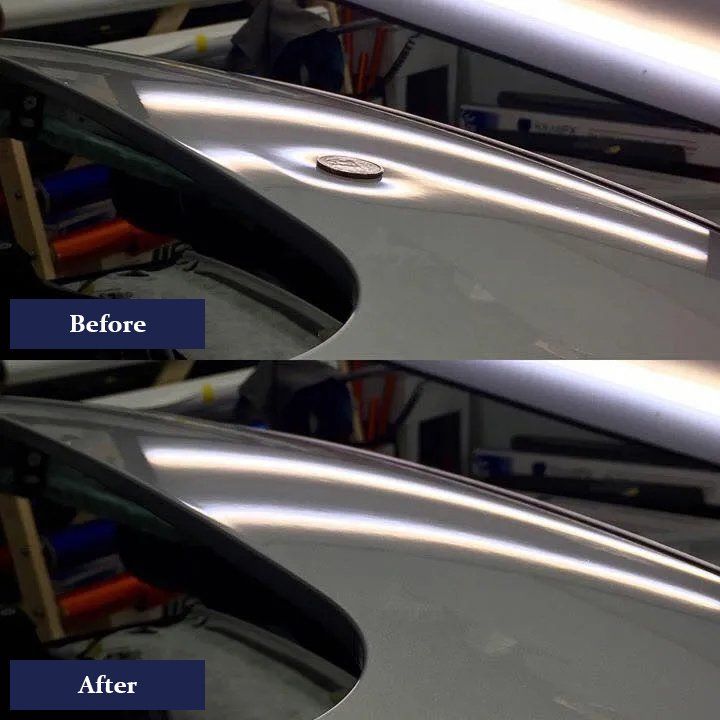 Before and after image of car dent repair