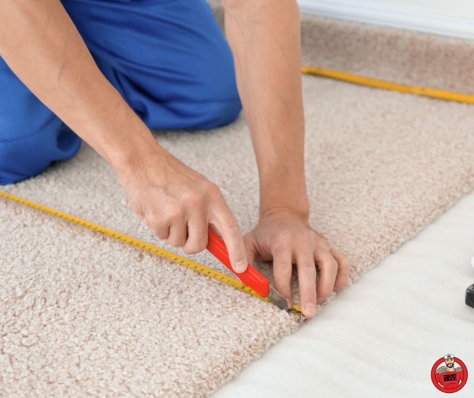 Person kneeling, cutting beige carpet edge with a utility knife, using a yellow tape measure indoors.
