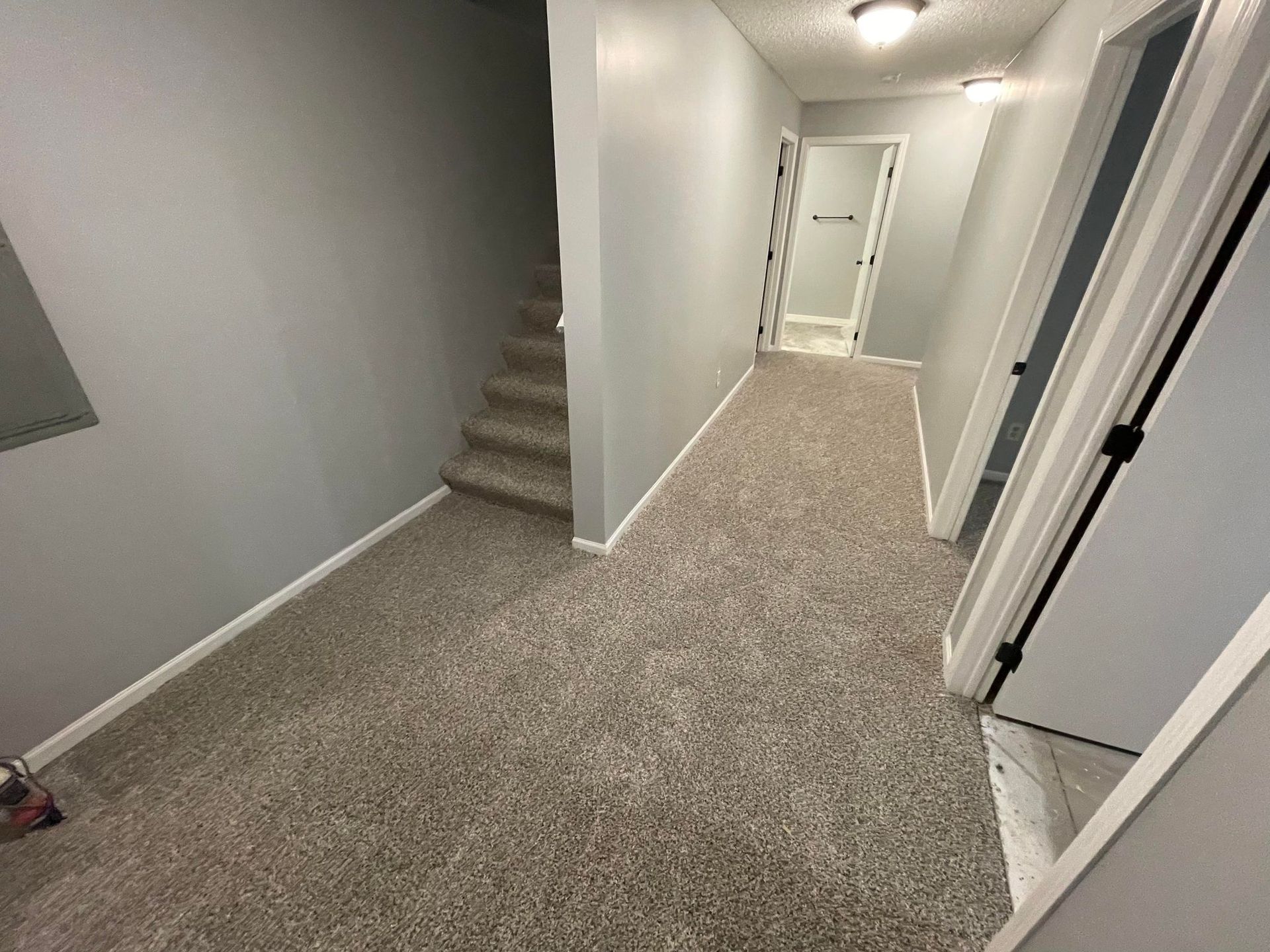 Hallway with gray walls, beige carpet, and stairs leading up.