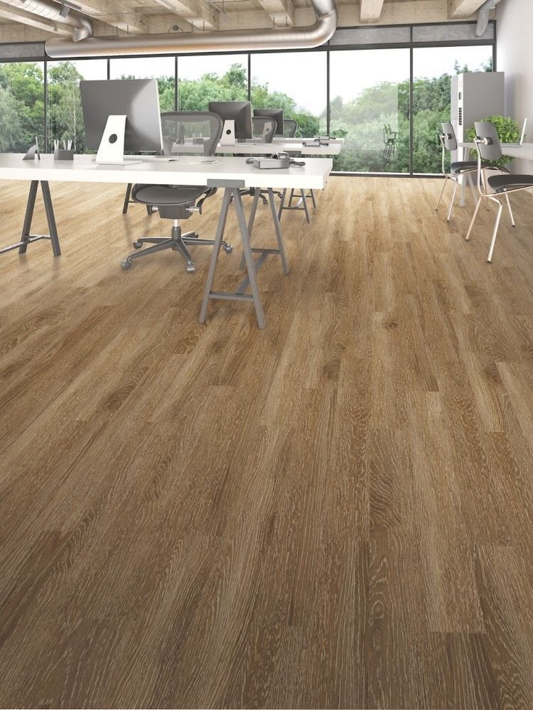 Office interior with wood-look flooring, desks, chairs, computers, and large windows looking out to trees.