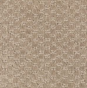 Beige patterned carpet, textured with small, repeating floral-like designs.