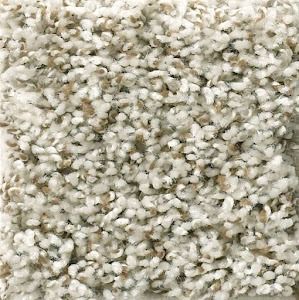 Close-up of a neutral-colored, textured carpet. Whites, tans, and browns create a mottled appearance.