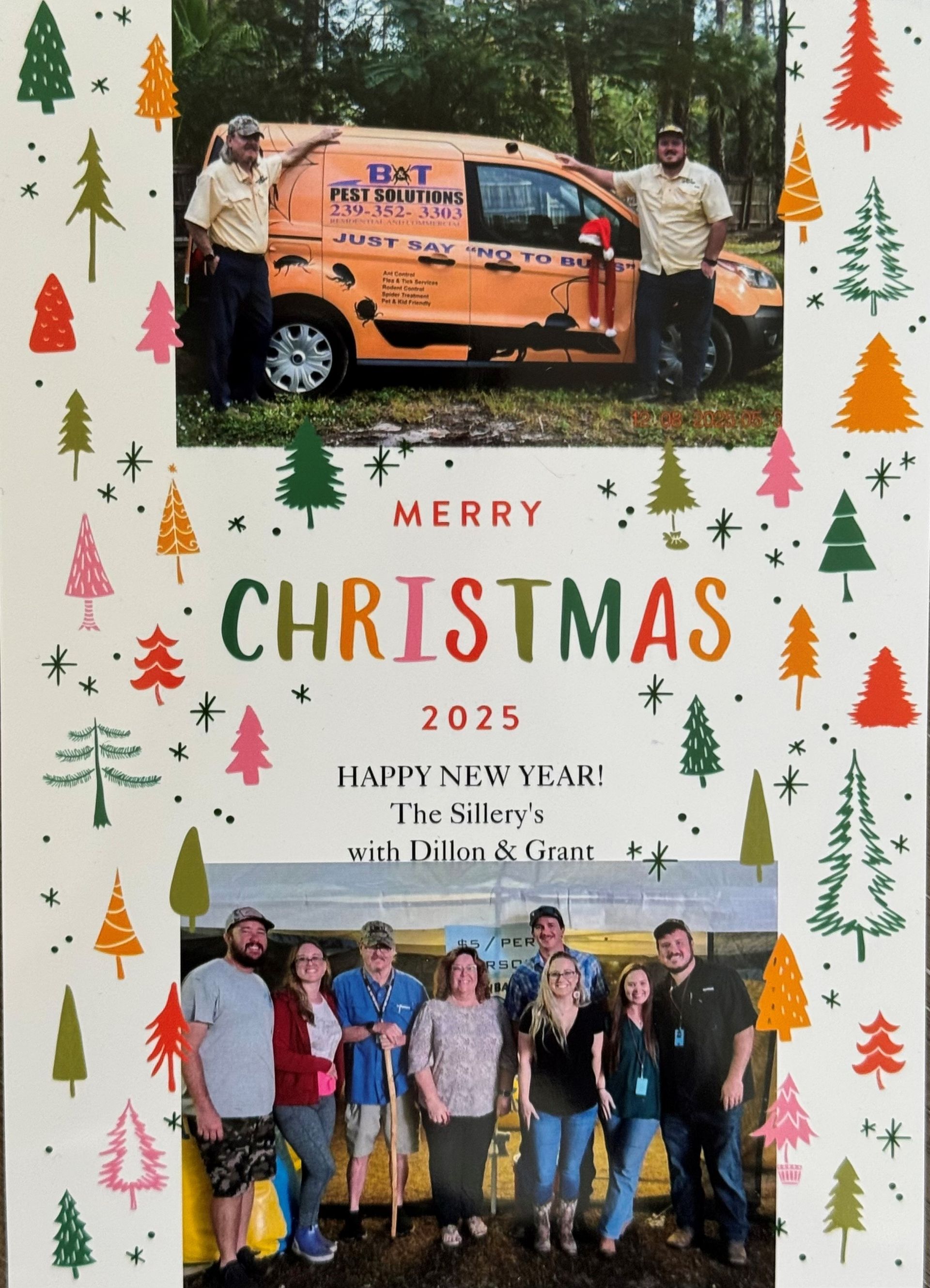 Christmas card with two photos: top, two men with an EMT van; bottom, a group of people. Text: Merry Christmas 2025.