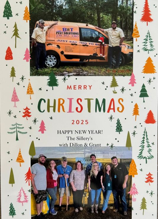 Christmas card with two photos: top, two men with an EMT van; bottom, a group of people. Text: Merry Christmas 2025.