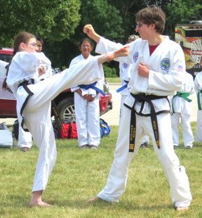 A group of people are practicing martial arts in a grassy field.