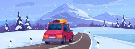 A red car is driving down a snowy road.