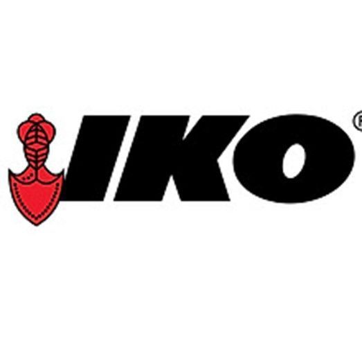 A black and red logo for iko with a red shield on a white background.