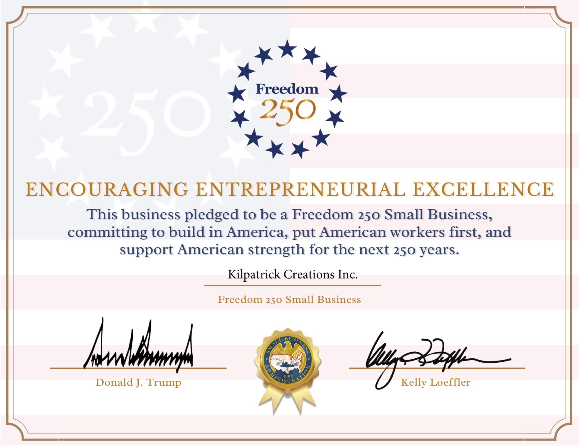 Certificate for Freedom 250 honoring Entrepreneurial Excellence with signatures and gold seal on a white background