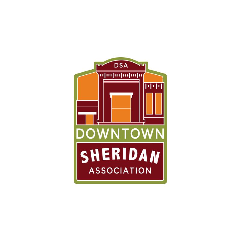 Downtown Sheridan Association logo with stylized orange and maroon storefront on a green border