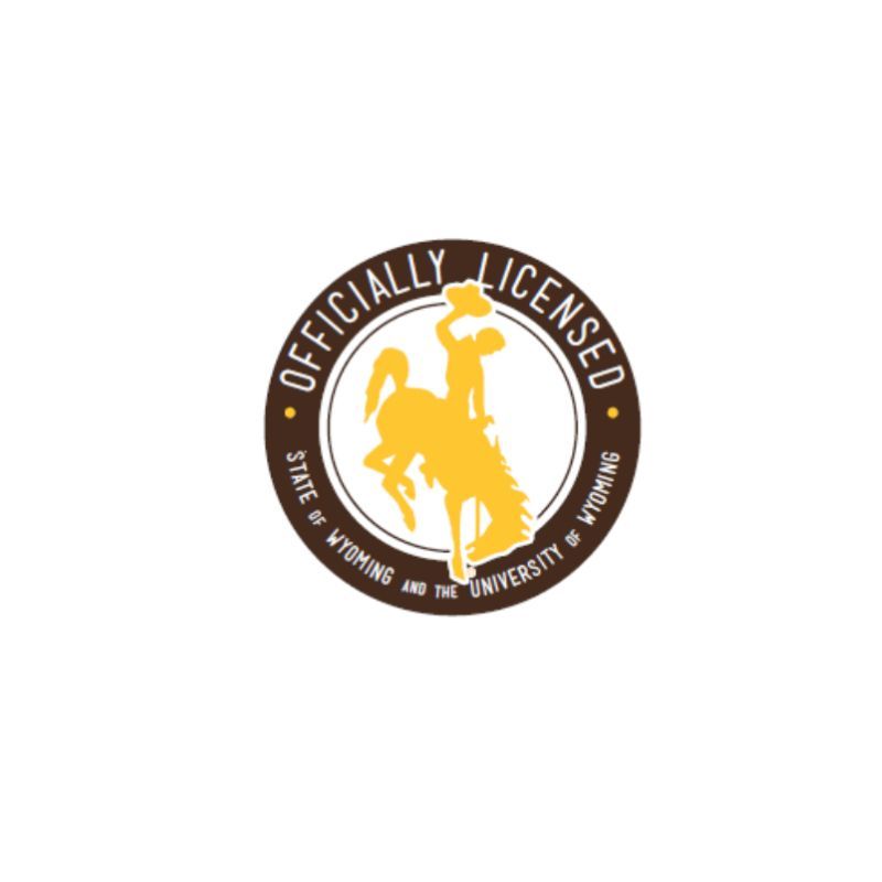 Circular University of Wyoming Officially Licensed logo with a yellow cowboy on a horse
