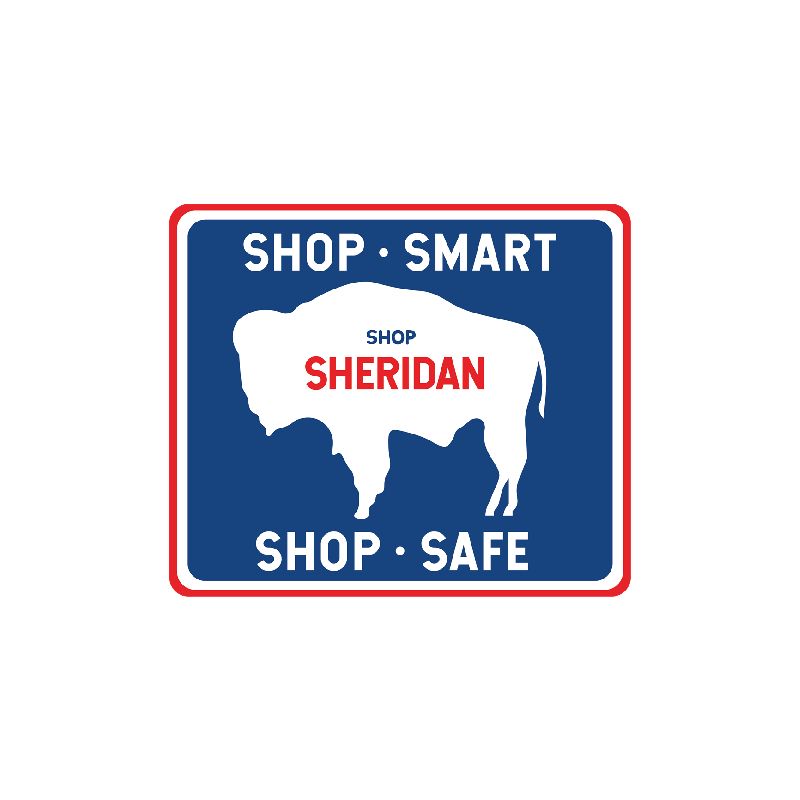 Shop Sheridan sign: blue background with white buffalo silhouette