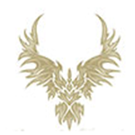 Gold ornamental phoenix-like bird emblem with spread wings on a white background