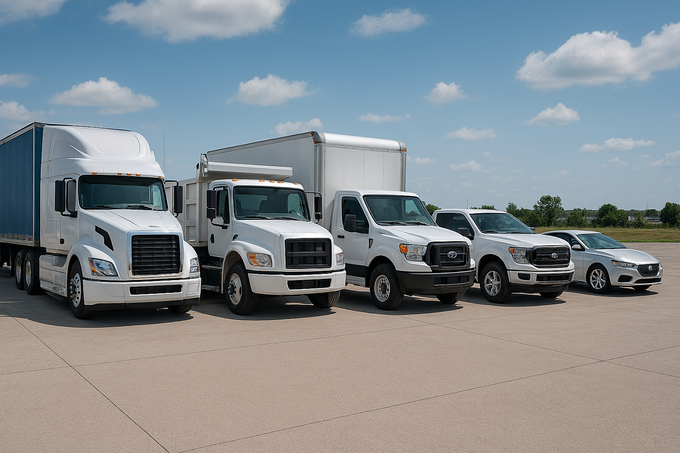 Five white delivery trucks and a silver car parked on a lot under a blue sky.